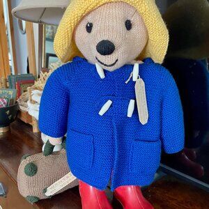Vintage Handmade Paddington-Style Bear Doll 18” Knit Blue Coat Hat Boots Cute